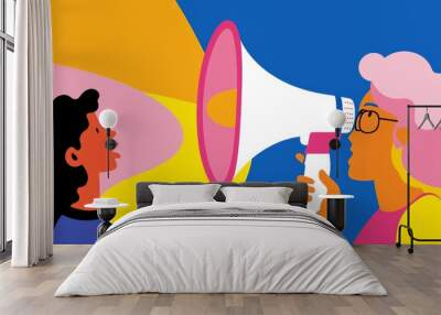 Person with a megaphone blocking their face, indicating the power of communication and voice amplification, with space for copy on the background Wall mural