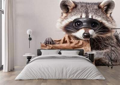 Raccoon dressed as a thief with a mask and a bag of 