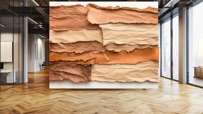 Series of ripped paper strips in brown tones, isolated on white background, textured and rustic design, natural material aesthetic, neutral warm colors Wall mural