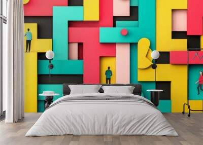 Shoppers navigating a maze of sale signs and percentages, abstract and colorful design, Black Friday puzzle, navigating deals concept Wall mural