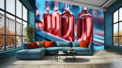 Sleek glass wine bottles on a modern automated conveyor belt, soft focus background of industrial machinery, wine production line, technology meets tradition Wall mural