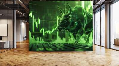 Stock market bull market trading up green graph, in an economic boom theme, highlighting success, with a futuristic tone, and a complementary color scheme Wall mural