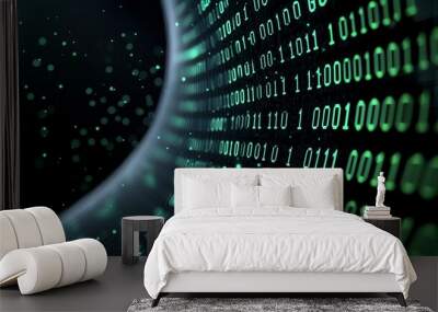 Text overlay of binary code, green digits on black, futuristic design, 3D illustration Wall mural