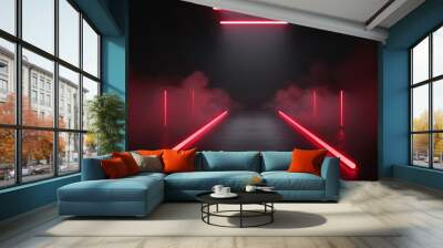 Vector illustration of a fashion show runway, red lights and neon lamps in smoke, black background, long podium perspective, focus cover all object Wall mural