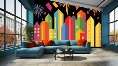 Vibrant cityscape celebration a colorful display of fireworks and festive buildings under the night sky Wall mural