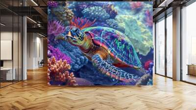 Vibrant Reef Turtle, Illustration of a colorful turtle swimming near a coral reef, its shell patterned with bright blues and greens, amidst vivid marine flora Wall mural