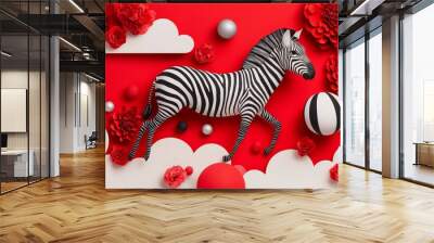 Zebra standing on a vibrant red backdrop adorned with flowers and decorative elements. Wall mural