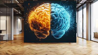 This image shows a human brain with two halves, one in orange and one in blue. Wall mural