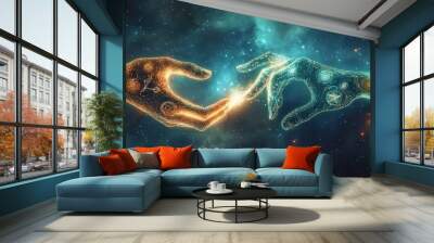 Two hands reaching out with water and light. Wall mural