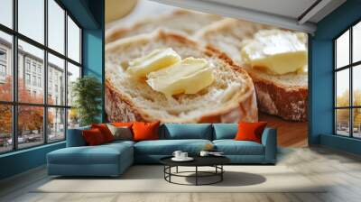 Two slices of bread with a pat of butter on one. Wall mural