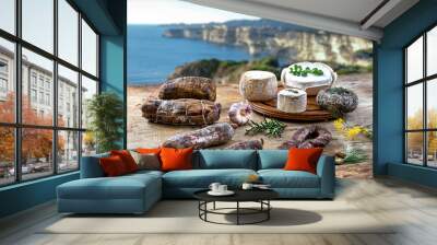 Local wild pork delicatessen, and corsican cheese, sea landscape background Wall mural