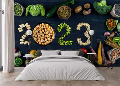 Panoramic -New Year 2023 VeganFruits,vegetables,organic cereals Wall mural