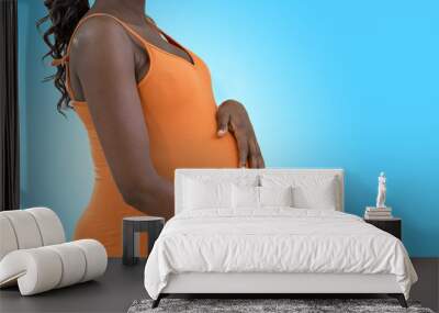 Pregnant woman caressing her tummy on white background Wall mural