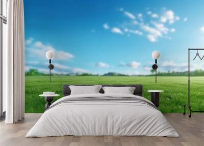 3D illustration of lush green grass parkland and tress against a blue summer’s sky. A.I. generated. Wall mural