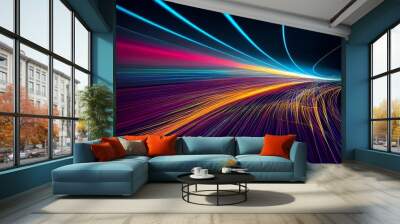 A computer generated digital illustration of an abstract futuristic bright colourful neon light trails energy style swoosh background. Wall mural