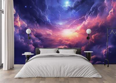 An colorful cloudy space galaxy sky background illustration. A.I. generated. Wall mural