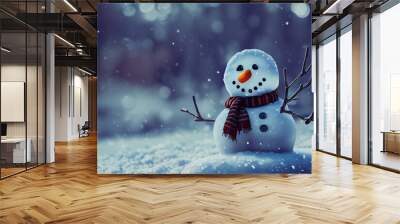 Computer generated Christmas Snowman in a winter wonderland snow covered forest background 3D illustration. A.I. generated art. Wall mural