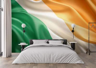 Republic of Ireland tricolour silk fabric flag with ripples background. A.I. Generated. Wall mural