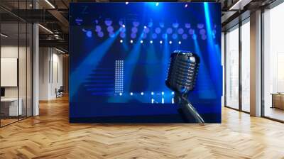 singer microphone on stage in blue lights, performing live on scene in music hall Wall mural