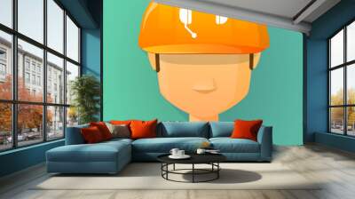 Worker male avatar wearing a safety helmet with  a hands free ph Wall mural