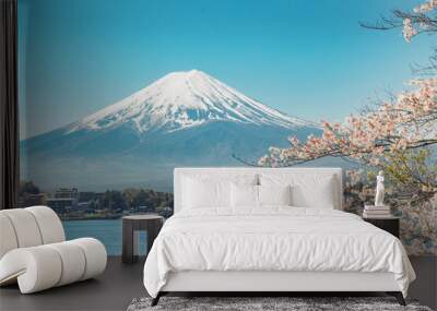 A representative spring landscape of Japan with cherry blossoms in full bloom and Mt. Fuji seen from Lake Kawaguchi in Yamanashi Prefecture.
 Wall mural