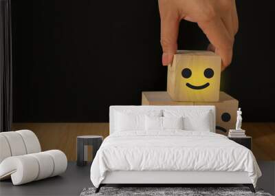 Emoticon face Customer service evaluation concept Hold up a cube with a checkbox on Excellent Smile Face Rating for a Satisfaction Survey. emoticon face in cube shape. checklist in cube shape. Wall mural