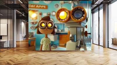 A 3D animated scene of a childs eye exam adventure with elements like floating letters and numbers engaging the child in a fun interactive way Wall mural