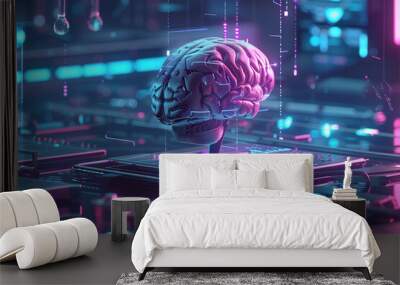 A futuristic visual metaphor of AI and machine learning in healthcare depicting a digital brain seamlessly integrated with medical diagnostic tools illustrating the concept of AIs role in Wall mural