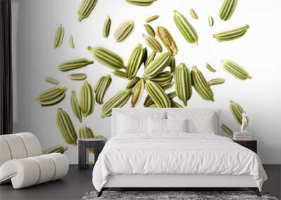 A scattering of green fennel seeds on a black background.  The seeds are arranged in a loose, natural cluster. Wall mural