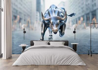 Charging bull sculpture in a futuristic city representing strength and growth in business, finance, and investment sectors. Wall mural