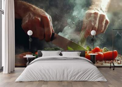 Chef chopping fresh vegetables on a wooden cutting board, surrounded by steam. Perfect concept for cooking, food preparation, and culinary arts. Wall mural