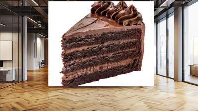 Close-up of a delicious slice of layered chocolate cake with rich chocolate frosting, perfect for dessert enthusiasts and food photography enthusiasts. Wall mural