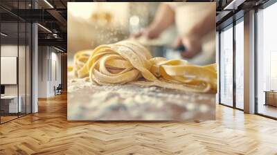 Close-up of freshly made pasta on a floured surface, with a person in the background preparing ingredients in a kitchen setting. Wall mural