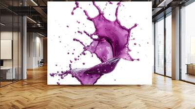 Dynamic splash of vibrant purple liquid caught mid-air, showcasing fluid motion and energetic color burst on black background. Wall mural