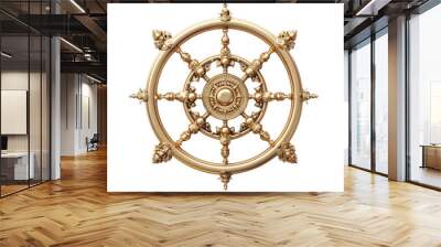 Golden ship wheel with intricate design, symbolizing navigation, direction, and maritime exploration. Ideal for nautical and travel themes. Wall mural