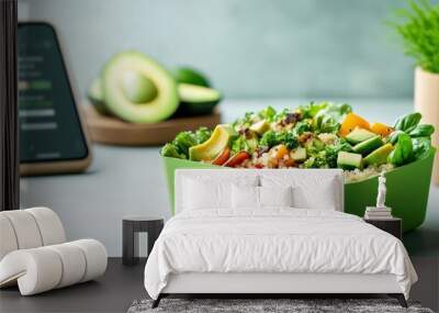 Healthy quinoa salad with fresh avocado, vegetables in green lunch box beside smartphone with healthy eating app on screen. Wall mural