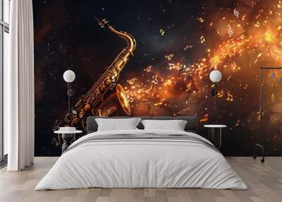 High-resolution photo of a saxophone with music notes flowing from the bell, symbolizing the beautiful sounds produced, set against a dark, moody background Wall mural