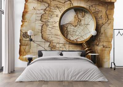 Vintage treasure map with magnifying glass highlighting details, perfect for adventure and exploration themed designs. Wall mural