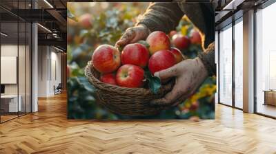 A basket full of red apples is being held by a person Wall mural