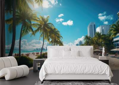 A beach with a big city in the background like Miami Wall mural