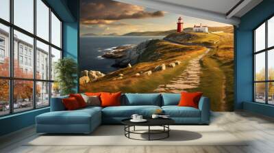 a beautiful lighthouse at sunset by the sea with dramatic sky. Wall mural