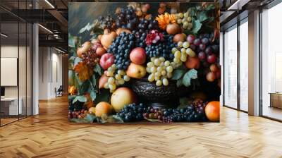 A bowl of fruit with apples, oranges, and grapes Wall mural