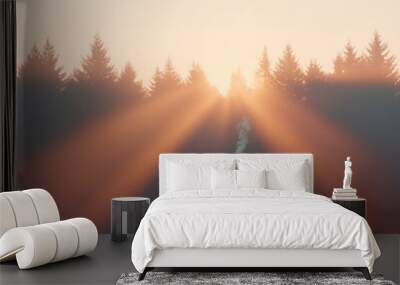 A cabin in the woods is illuminated by the sun, creating a warm Wall mural