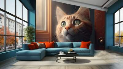 a cute cat looks out the window. Generative AI Wall mural