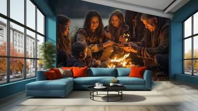 a group of people with children gather around a campfire Wall mural