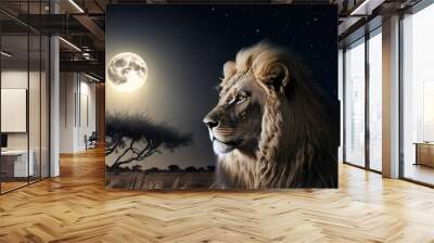 a lion lies in the savannah at night in the background is a large moon. Banner. Generative AI Wall mural