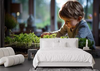 A little boy prepares to plant small trees Wall mural