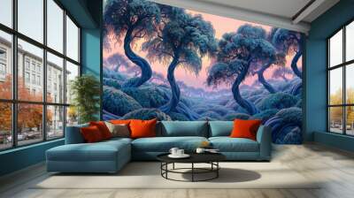 A lush forest with trees and clouds in the sky. The sky is a mix of blue and pink Wall mural