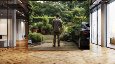 a man charges his electric car at the house. ECO concept. Wall mural