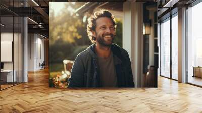 a man stands in the garden next to his house and smiles. Wall mural